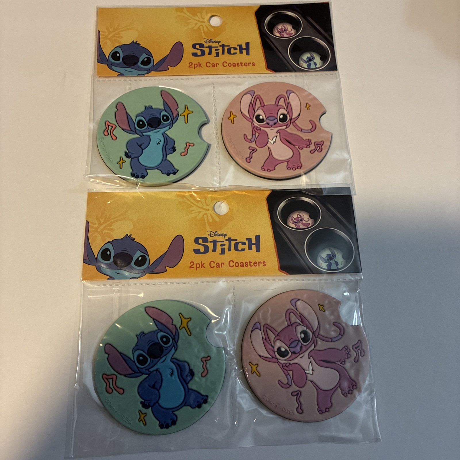 Disney Stitch and Angel  4 Pack Plastic Car Coasters 2-1/2” NEW 2026 Gift Idea