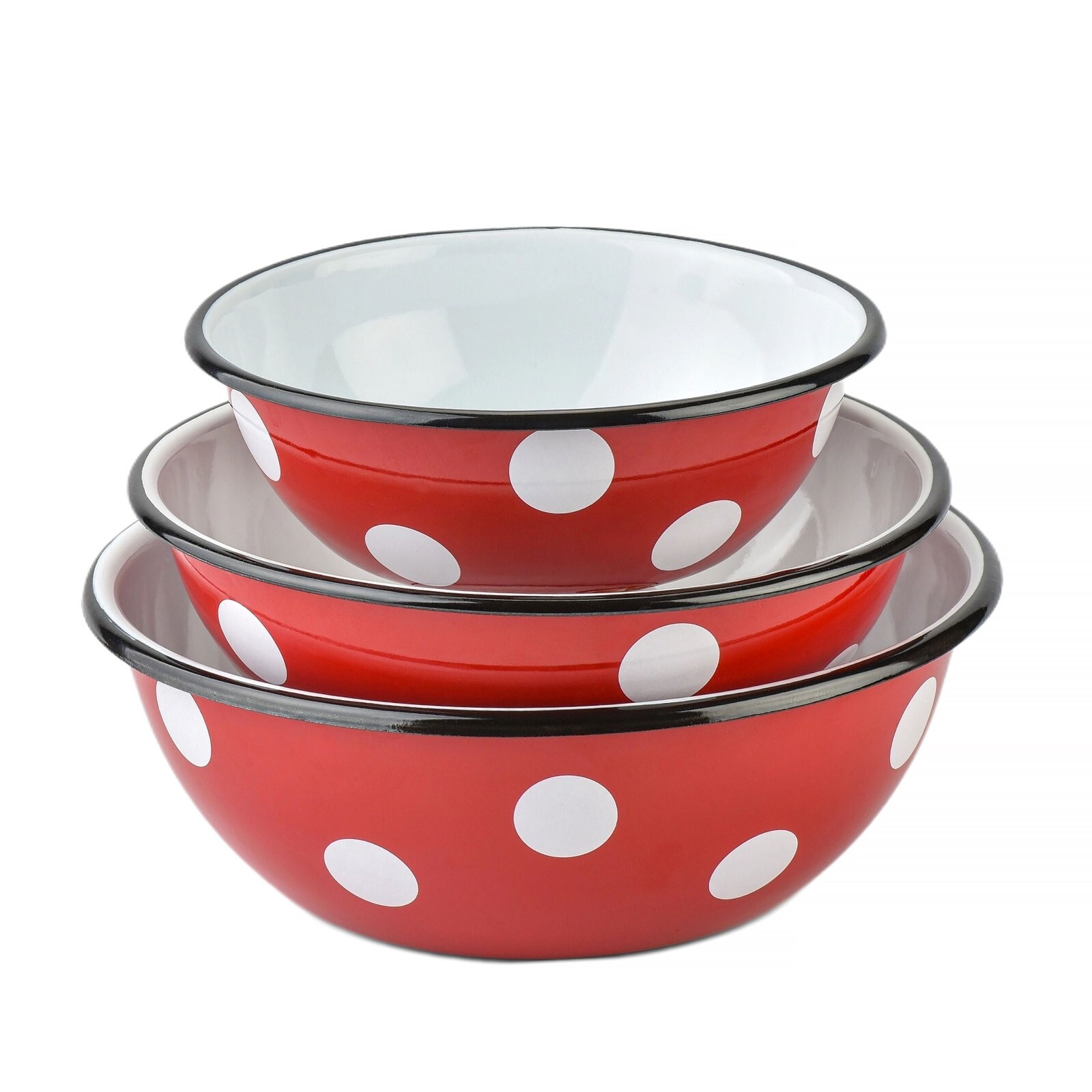 Novomoskovsk Red Polka Dot Enamel Bowl Set of 3 Mixing Bowl [1.6qt,2.7qt,4.2qt]
