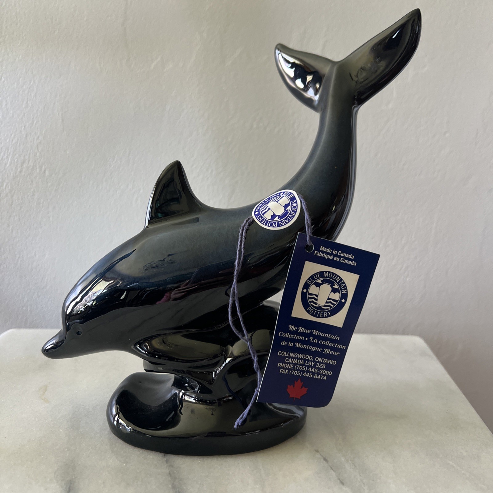 Dolphin Blue Mountain Pottery Figurine Statue Cobalt Blue Black Glaze