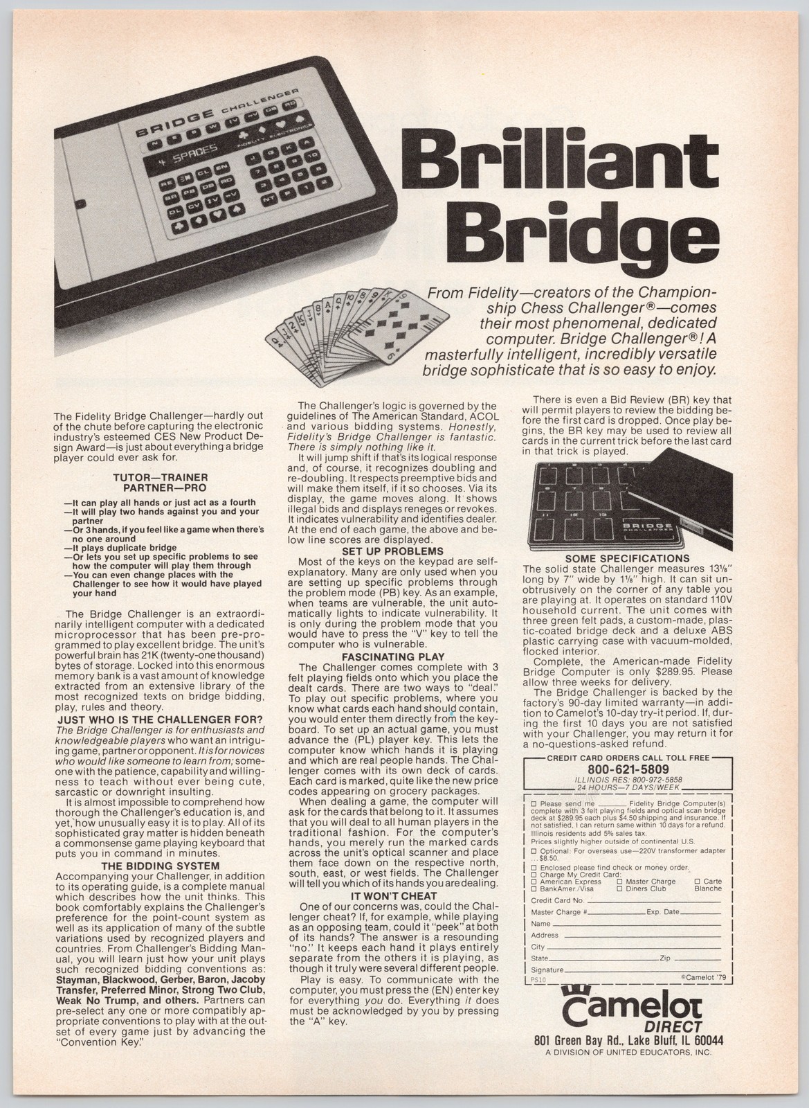 Bridge Challenger Fidelity Electronics Computer Game 1979 Vintage Print Ad Bridge Challenger Fidelity Electronics Computer Game 1979 Vintage Print Ad