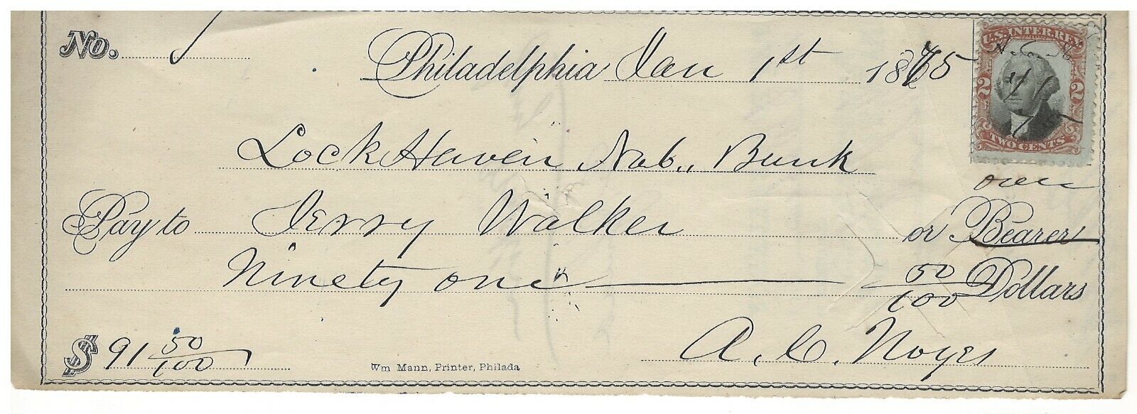 1875 Check Lock Haven National Bank paid to Henry Walker w/2 Cent Revenue Stamp
