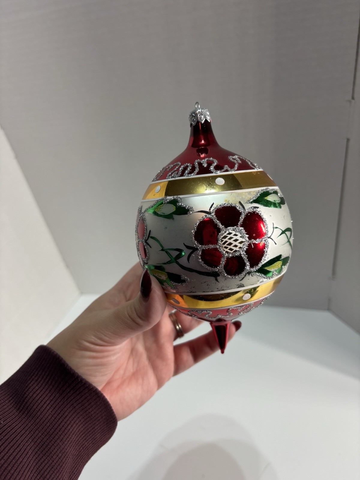 Vintage Large Blown Glass Christmas Ball Ornament Red Flower Glitter Poland