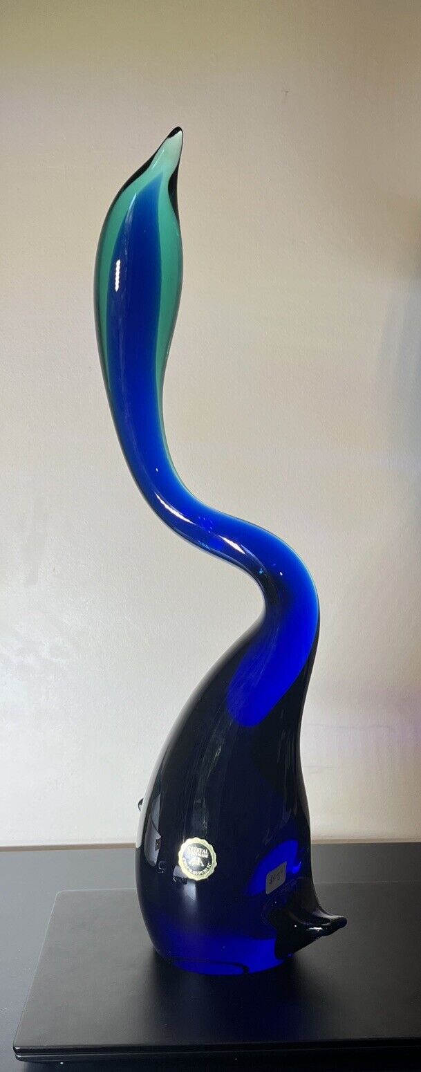 ZBS Vintage 21” Handmade Art Glass Swan Volavka Czech Rep Bohemia Cobalt Green