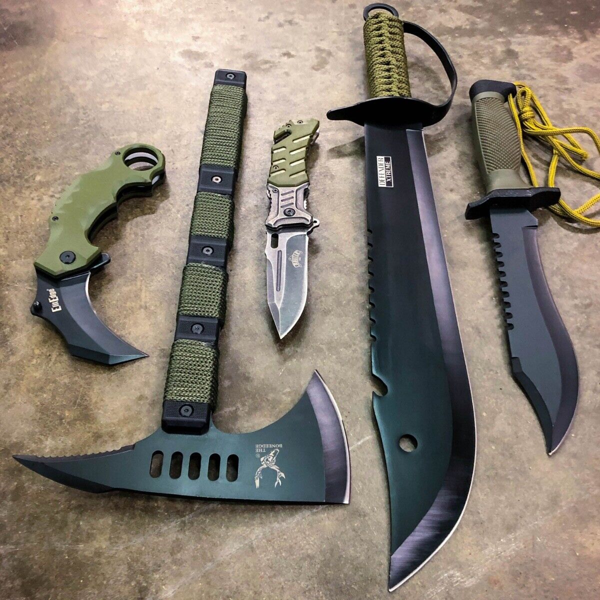 5 PC Military Outdoor Camping Fixed Blade Tactical Machete Survival Knife Set