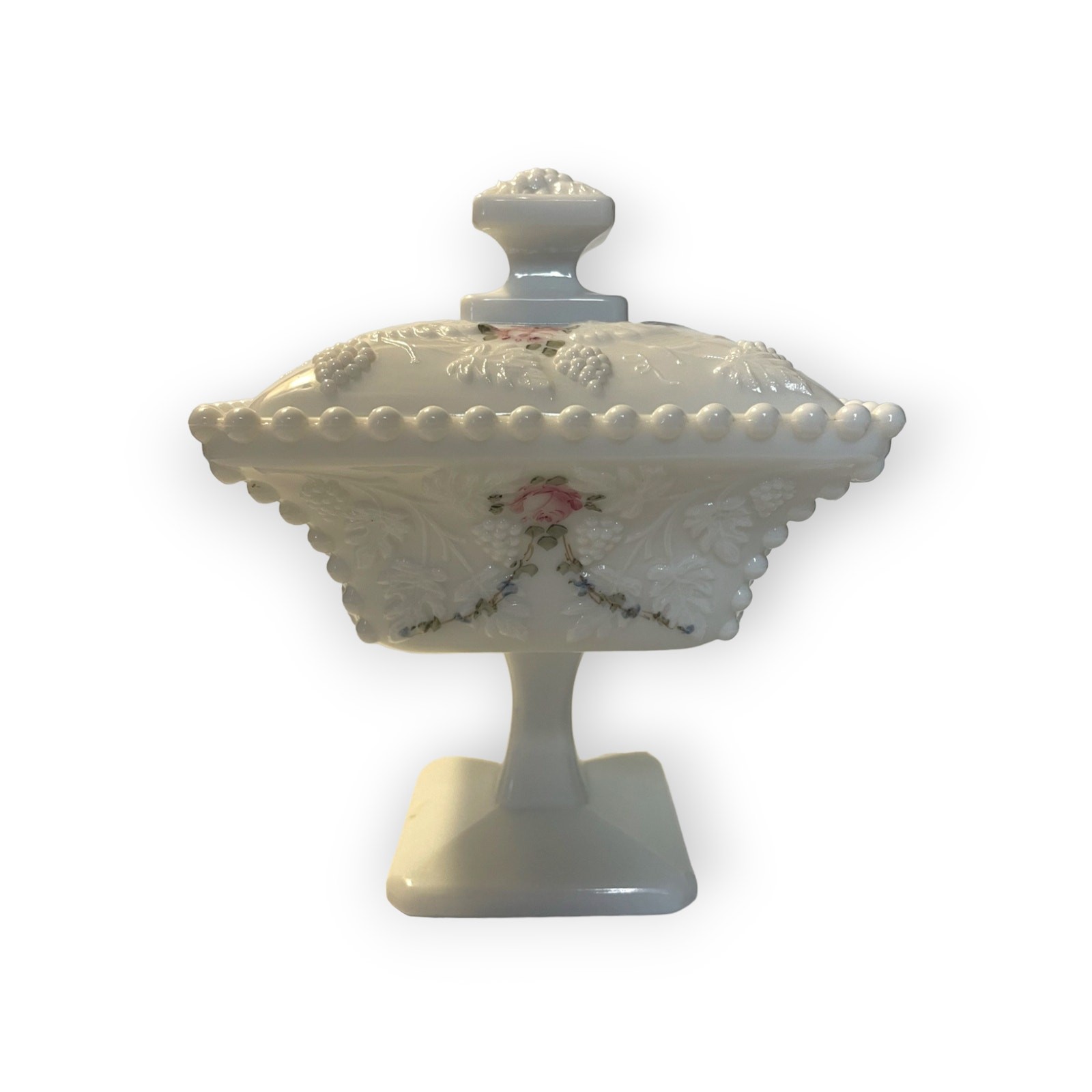 Vintage Westmoreland Milk Glass Covered candy dish pedestal Floral design