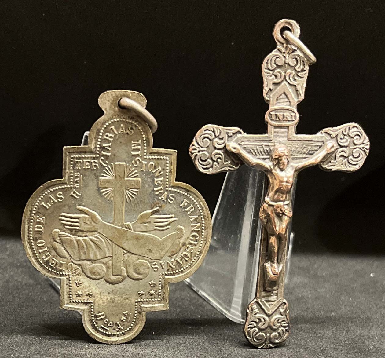 Argentina 1930´ lot x2 cross Jesus Christ Crucifix, Franciscan Missionaries meda
