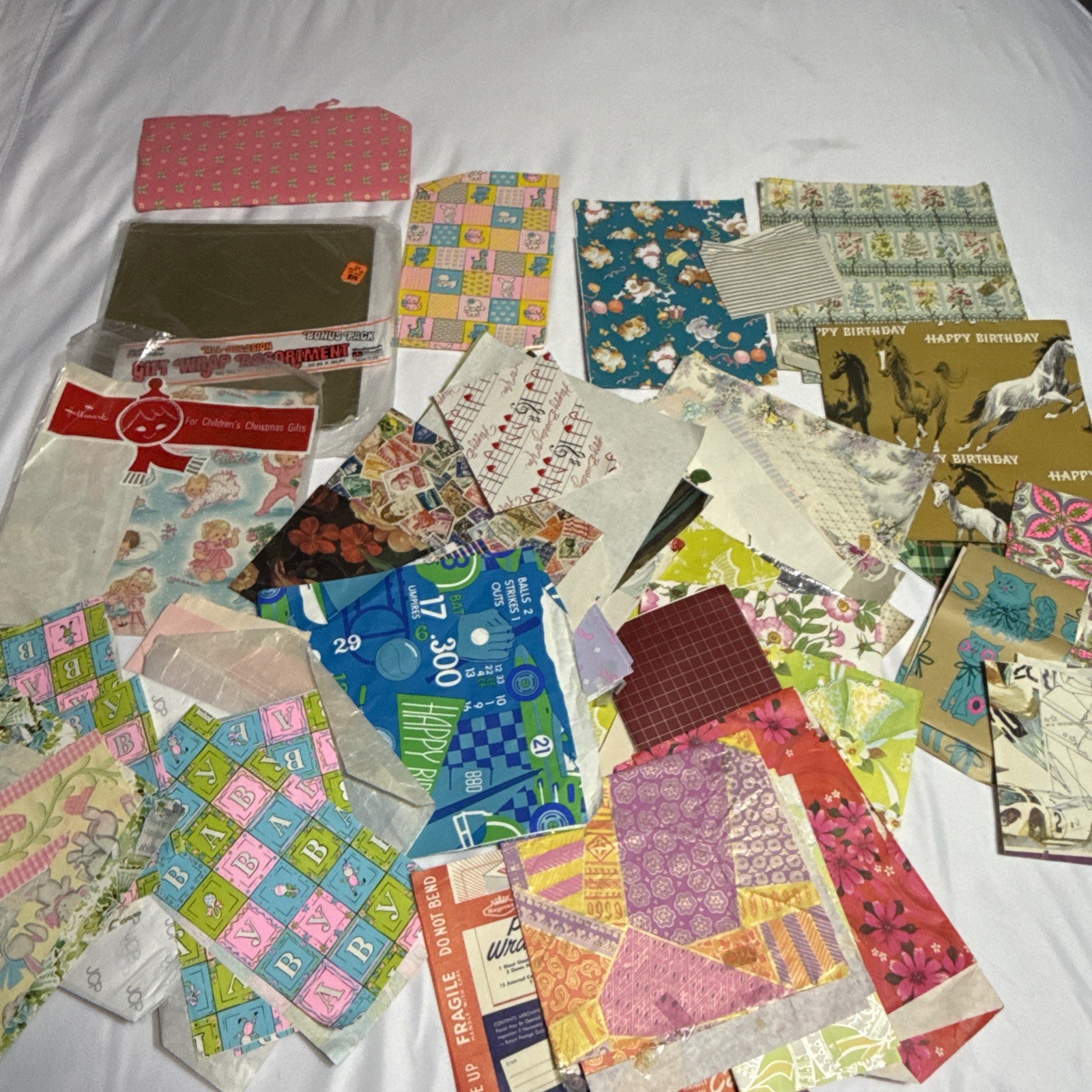 VTG wrapping paper lot Scraps 1960’s - 1970’s Era Gift Wrap Flower Power Puppies