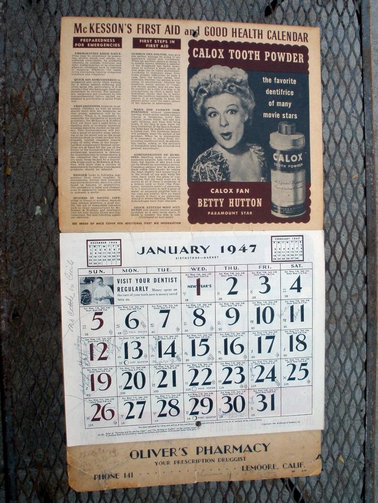 Vintage 1947 First Aid and Good Health OLIVER\'S PHARMACY Lemoore CA Calendar