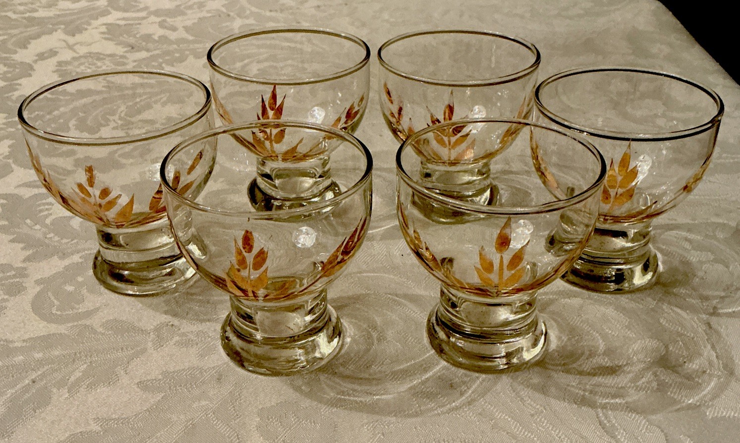 Set of 6 Clear Glass Footed Cordial/Juice Glasses w/22k Gold Wheat-Leaf Design
