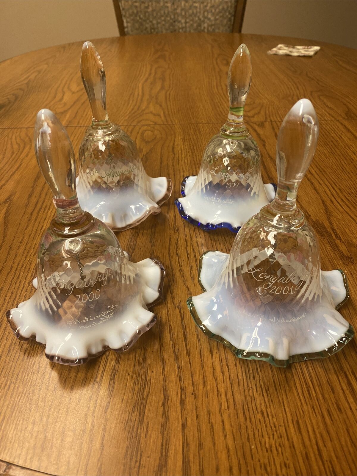 Longaberger Bells Hand Painted Set Of 4 1973-2001 Fenton Glass Great Condition