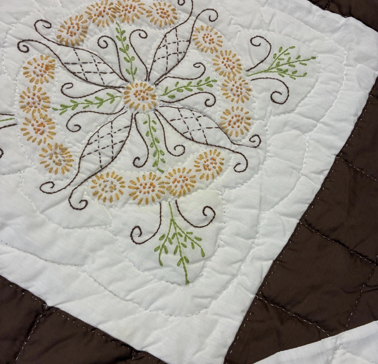 Vintage 74x100in Brown/White Embroidered Floral Grandma/Boho Checkered Bedspread