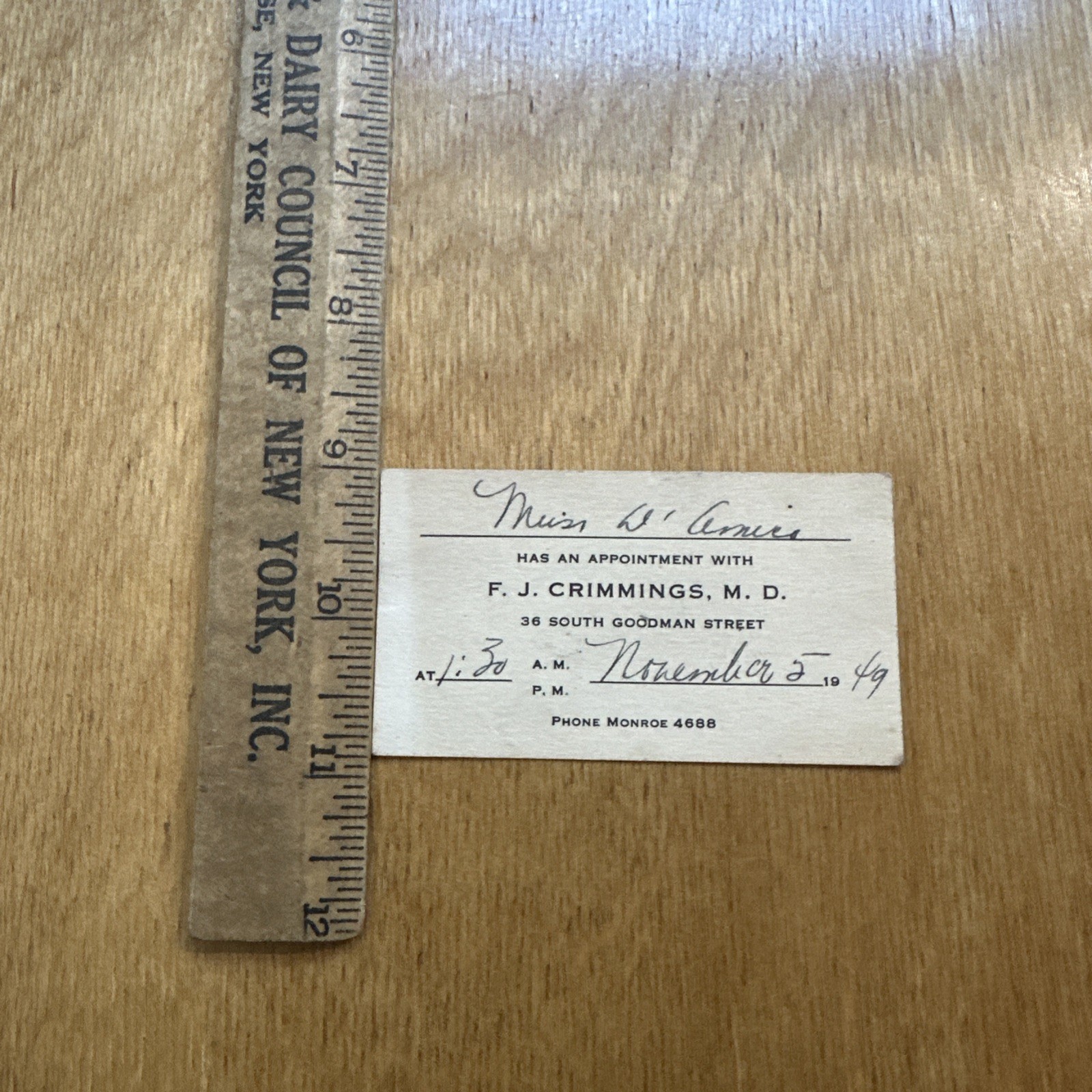 Vintage 1949 Rochester NY Dr F J Crimmings Medical Appointment Business Card