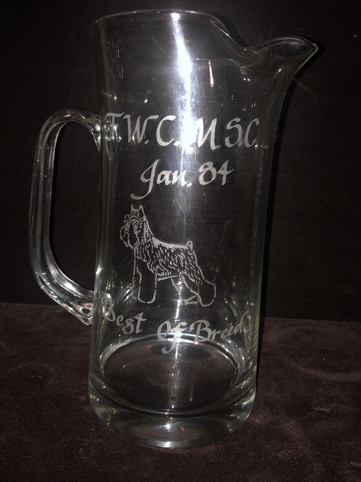 1984 Best Of Breed Trophy Etched Heavy Glass Picher