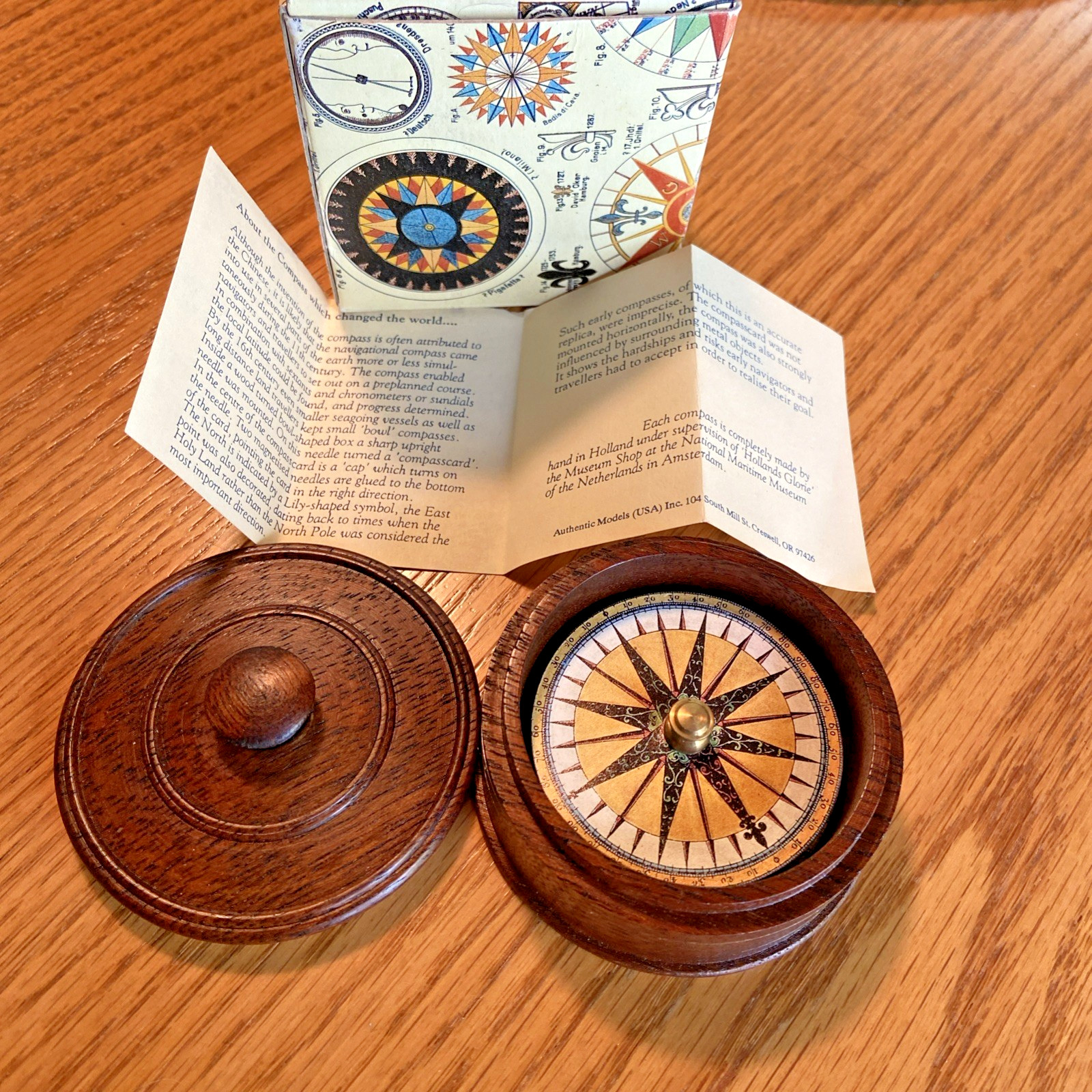Authentic Models Nautical Compass in Wooden Box