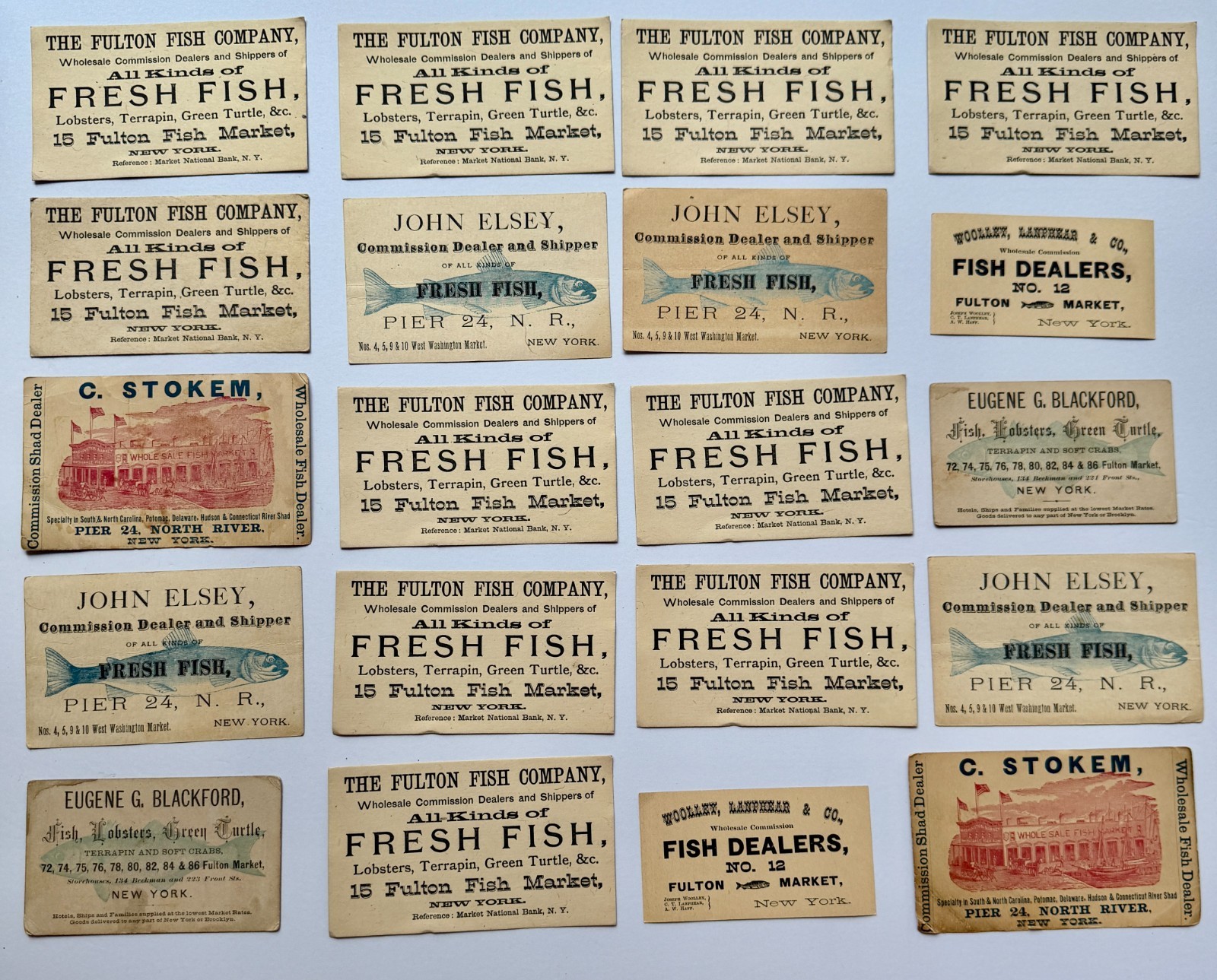 Lot 20 Antique 19th C NYC Fulton Fish Market Trade Cards Fish Dealers 