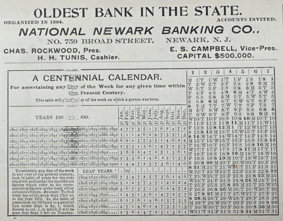 1900-1901 National Newark Banking Co Calendar Ad First Natl Bank Elizabeth NJ