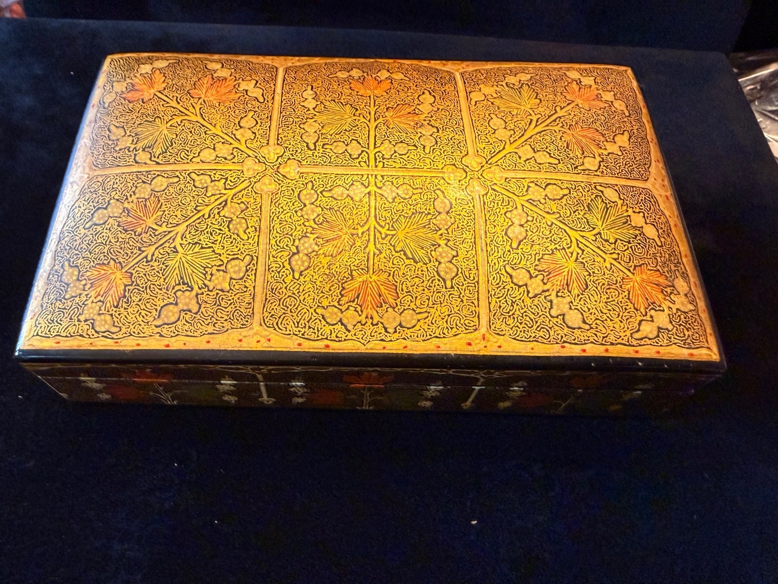 Vintage Kashmiri Lacquer Wood Trinket Box Ali-Brothers India Gold Naqashi Floral Vintage Kashmiri Lacquer Wood Trinket Box Ali-Brothers India Gold Naqashi Floral