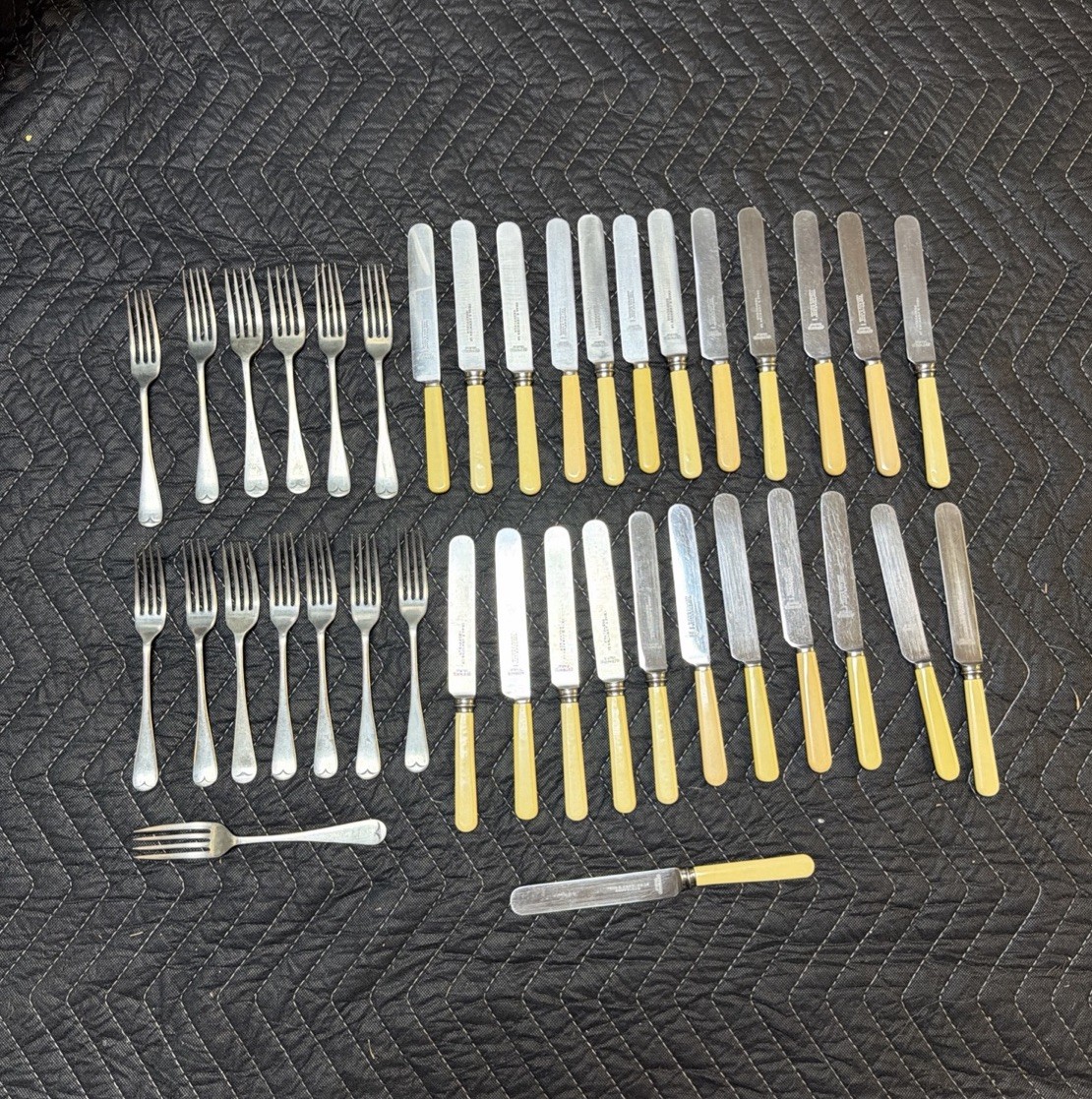 Vintage Sheffield England Stainless Cutlery Yellow Handle Knives Forks Lot