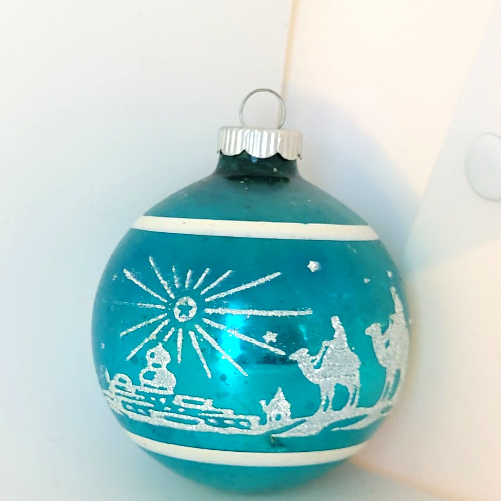 Vintage Shiny Brite 3 Wisemen Nativity Christmas Ornament Mica Stencil Blue