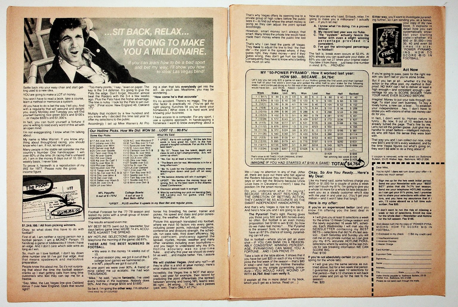 Mike Warren\'s All Pro 1977-78 Football Betting System Vintage Magazine Ad