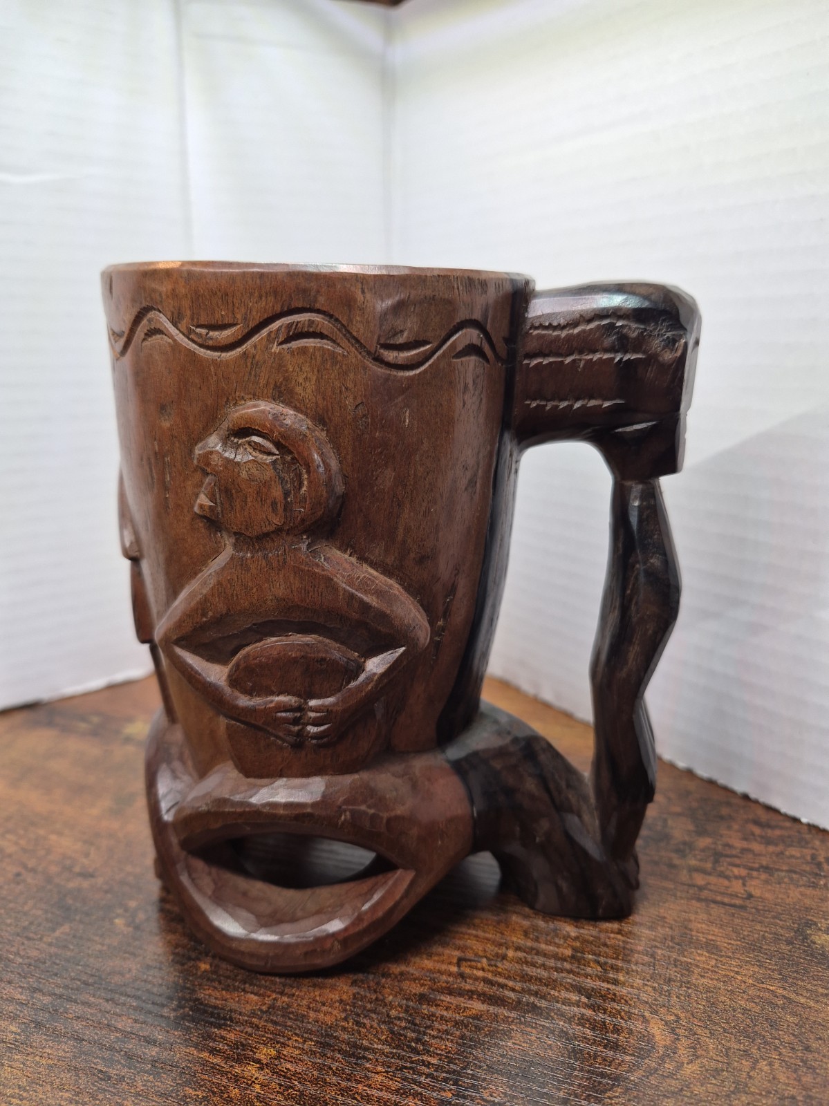 Vintage Mid-20tg Century Handcarved Wood Folk Art Tribal-inspired Mug-Heavy Vintage Mid-20tg Century Handcarved Wood Folk Art Tribal-inspired Mug-Heavy