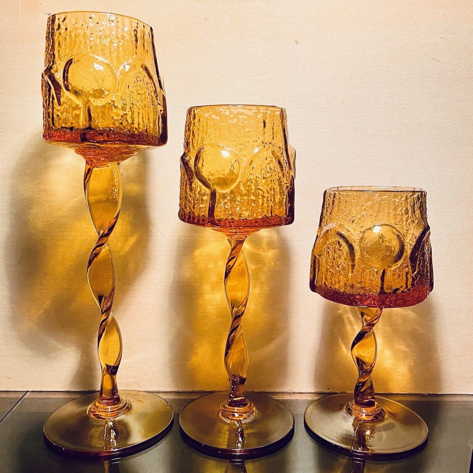Set of 3 Stelvia Amber Antiqua Candle Holders by Wayne Husted Empoli 1963 Italy