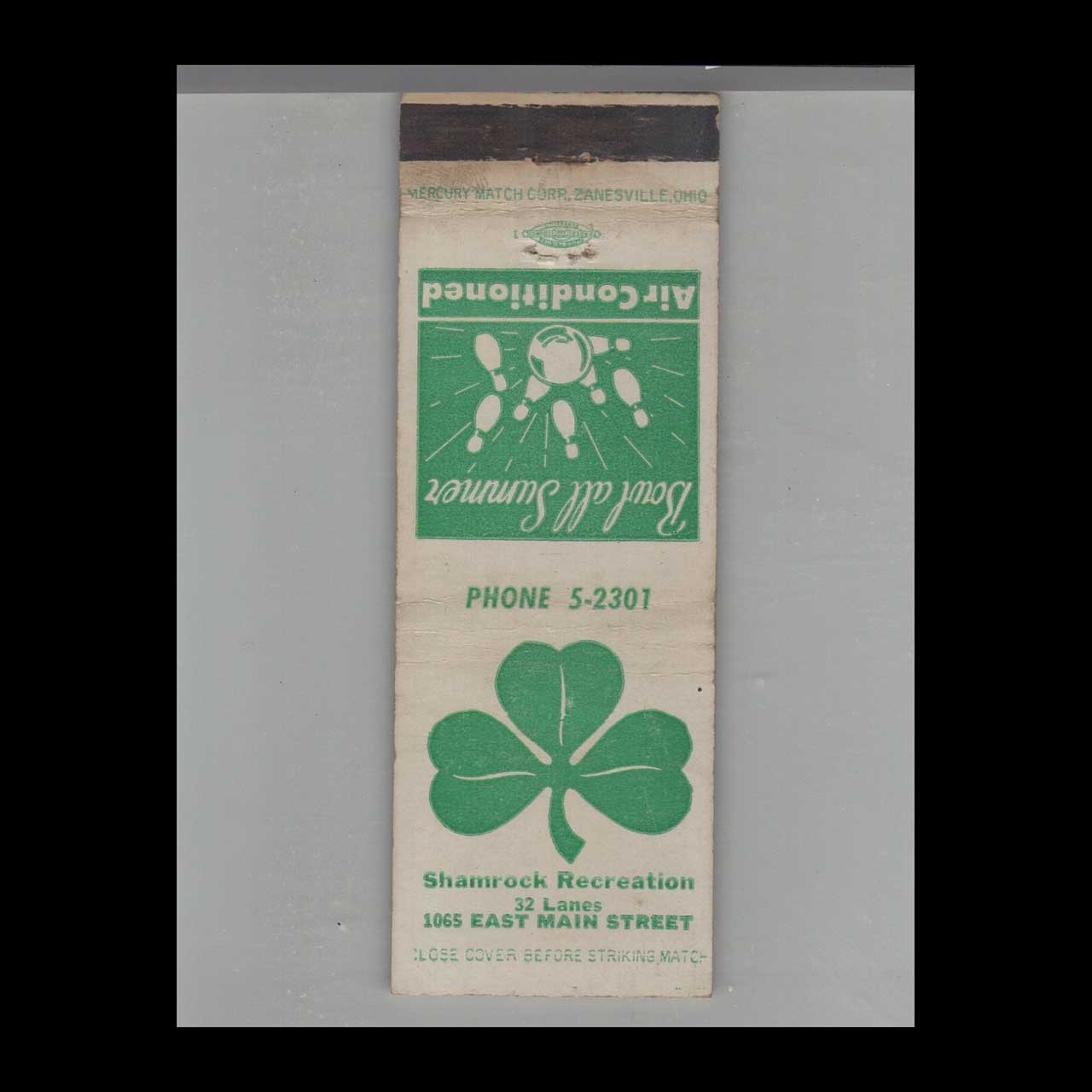Matchbook Cover Shamrock Recreation Bowling Alley 1065 East Main St.