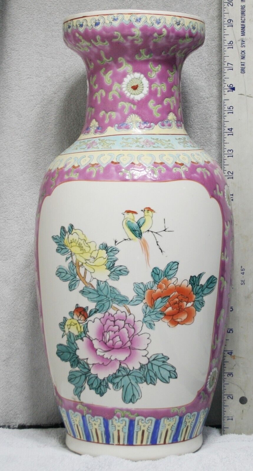 Chinese Hand Painted Famille Rose Porcelain 19” Vase Large Roses Birds on Branch