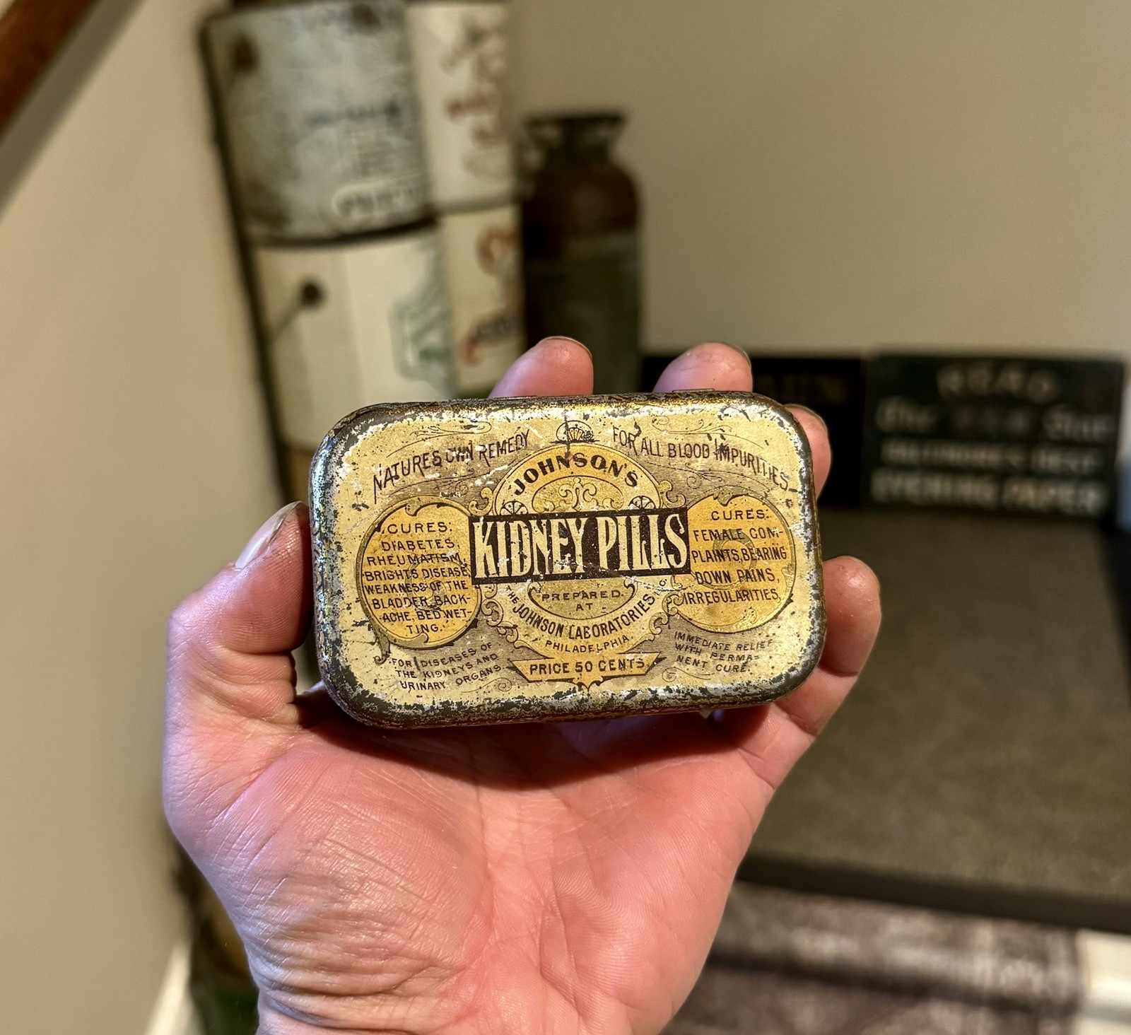 Johnson’s Kidney Pill Philadelphia PA Medicine Tin Can Female Complaints Etc Old