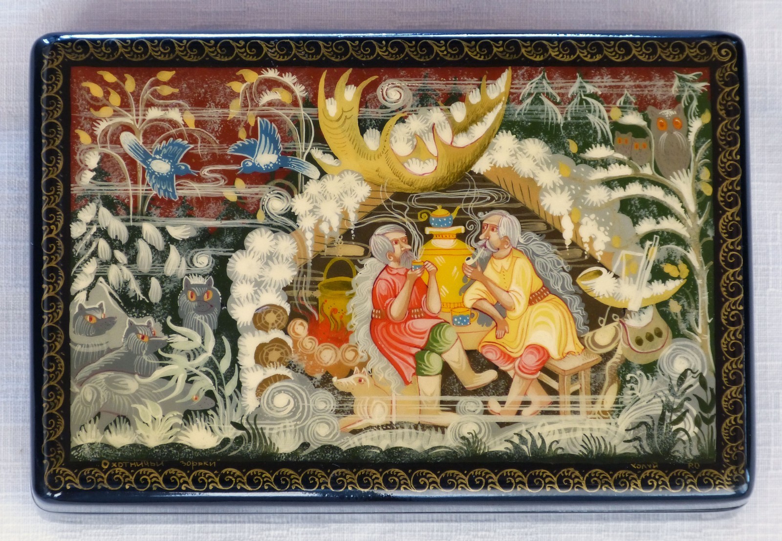 Vintage Russian Kholui signed hand-painted lacquer box “Hunting Dawns” Vintage Russian Kholui signed hand-painted lacquer box “Hunting Dawns”