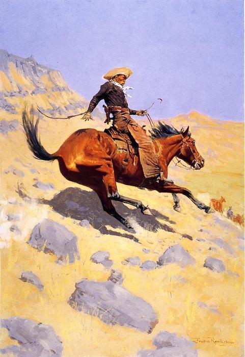 Oil painting Frederic-Remington-The-Cowboy horses horseman in landscape handmade