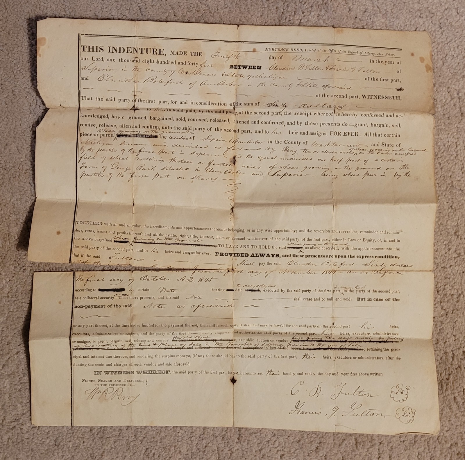1845 Ann Arbor MI Chattel Mortgage Fulton Wheat Crop History Signal of Liberty
