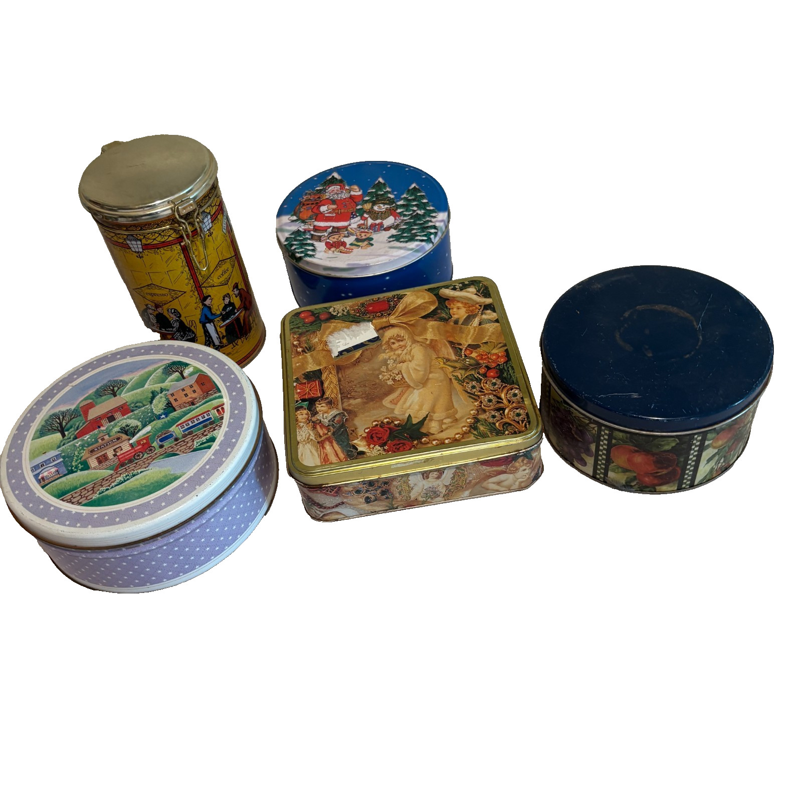 Lot 5 Vintage Tin Containers Christmas Coffee Angel Farmhouse Fruit Storage Deco