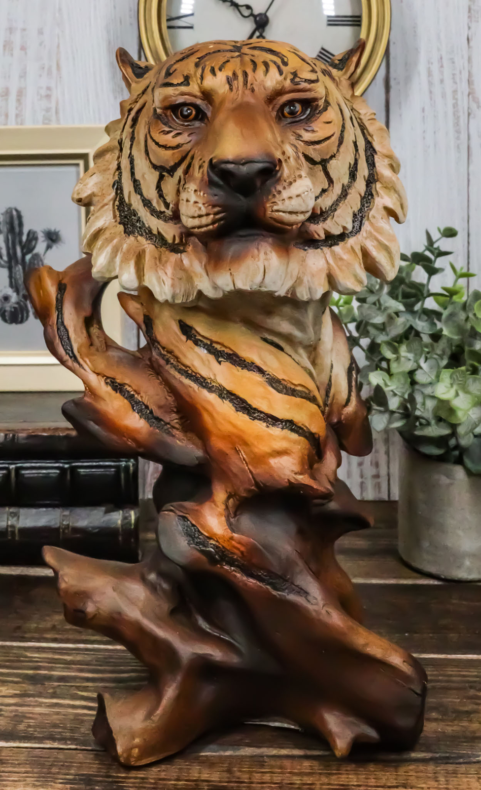 Faux Wood Large Exotic Jungle Wildlife Orange Bengal Tiger Bust Statue 11 Faux Wood Large Exotic Jungle Wildlife Orange Bengal Tiger Bust Statue 11