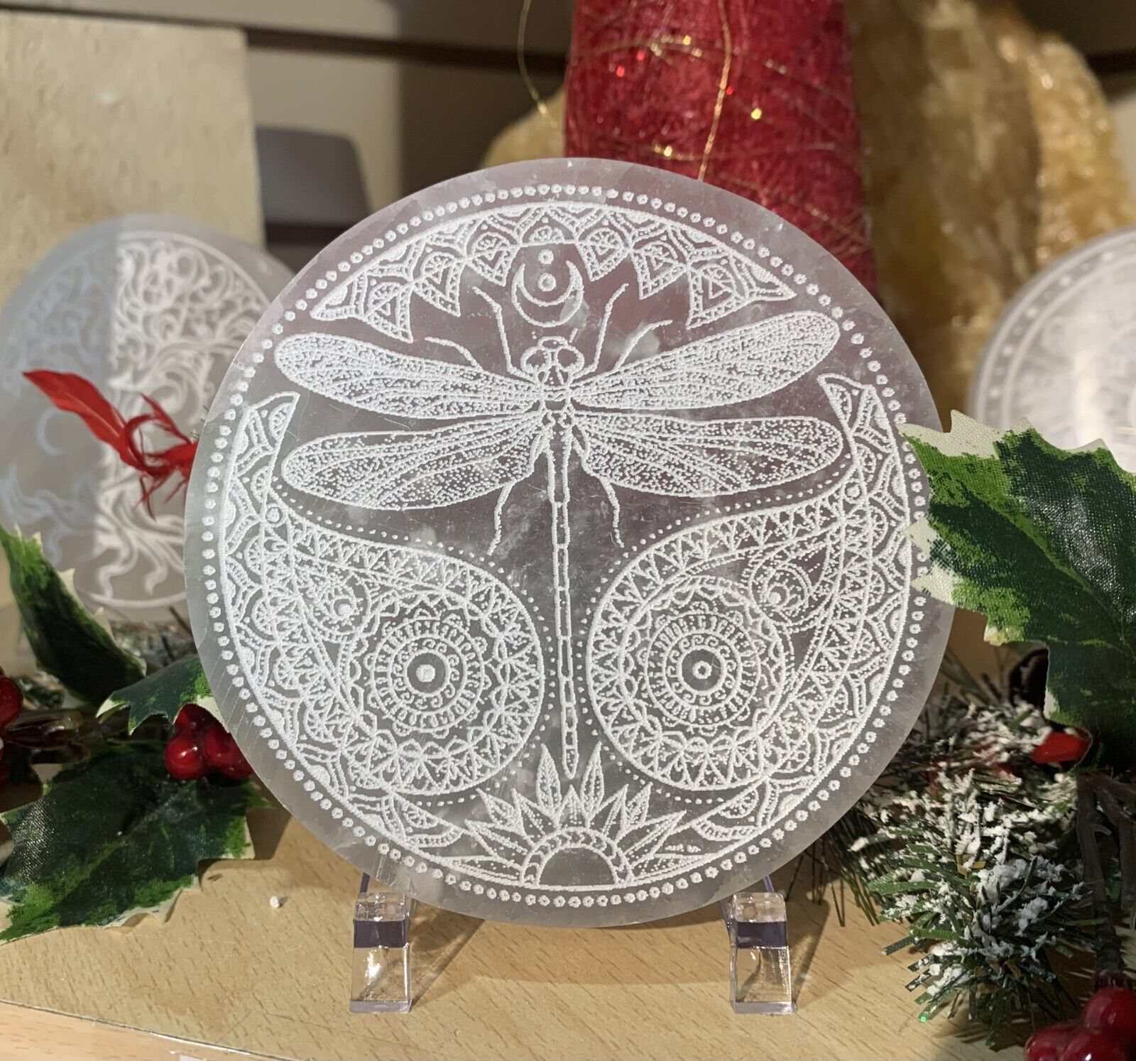 Selenite Charging Plate With Engraved Dragonfly