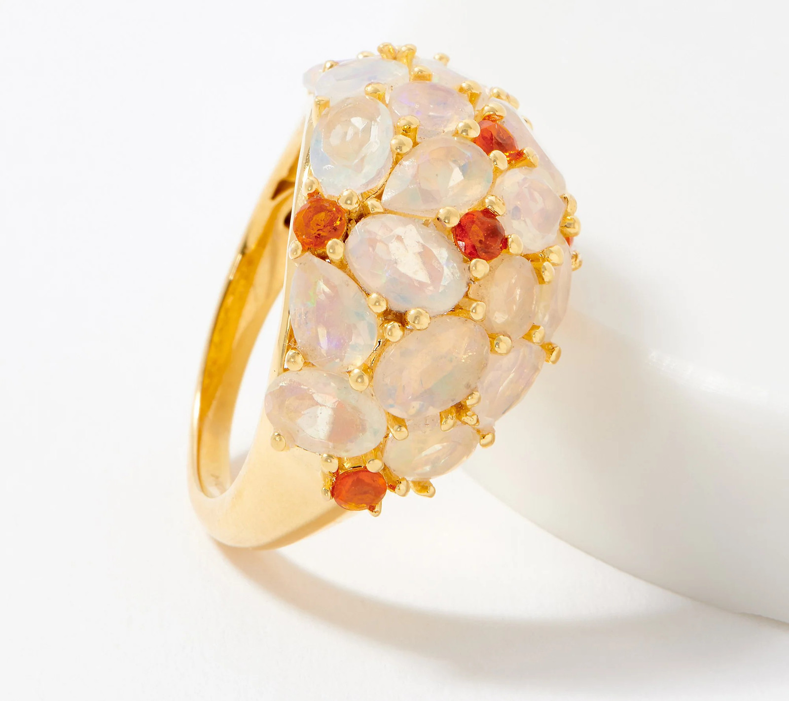 Ethiopian & Fire Opal Sterling Silver Goldclad Cluster Dome Ring Size 9