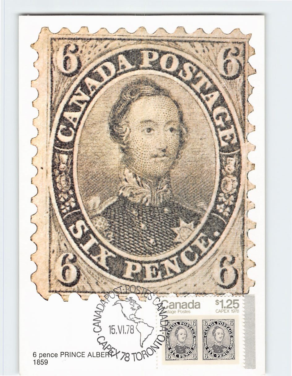 Postcard Prince Albert  Canada Six Pence Postage Stamp from 1859