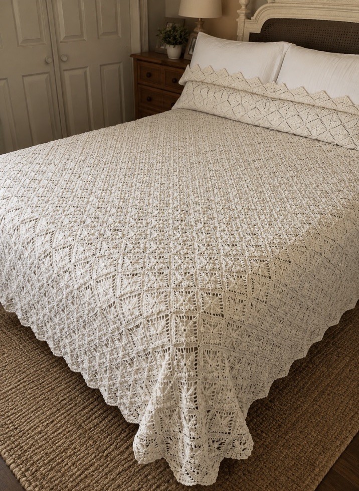 Vintage Gorgeous Ivory Crochet Bedspread Coverlet Scalloped Edge 80” x 86”