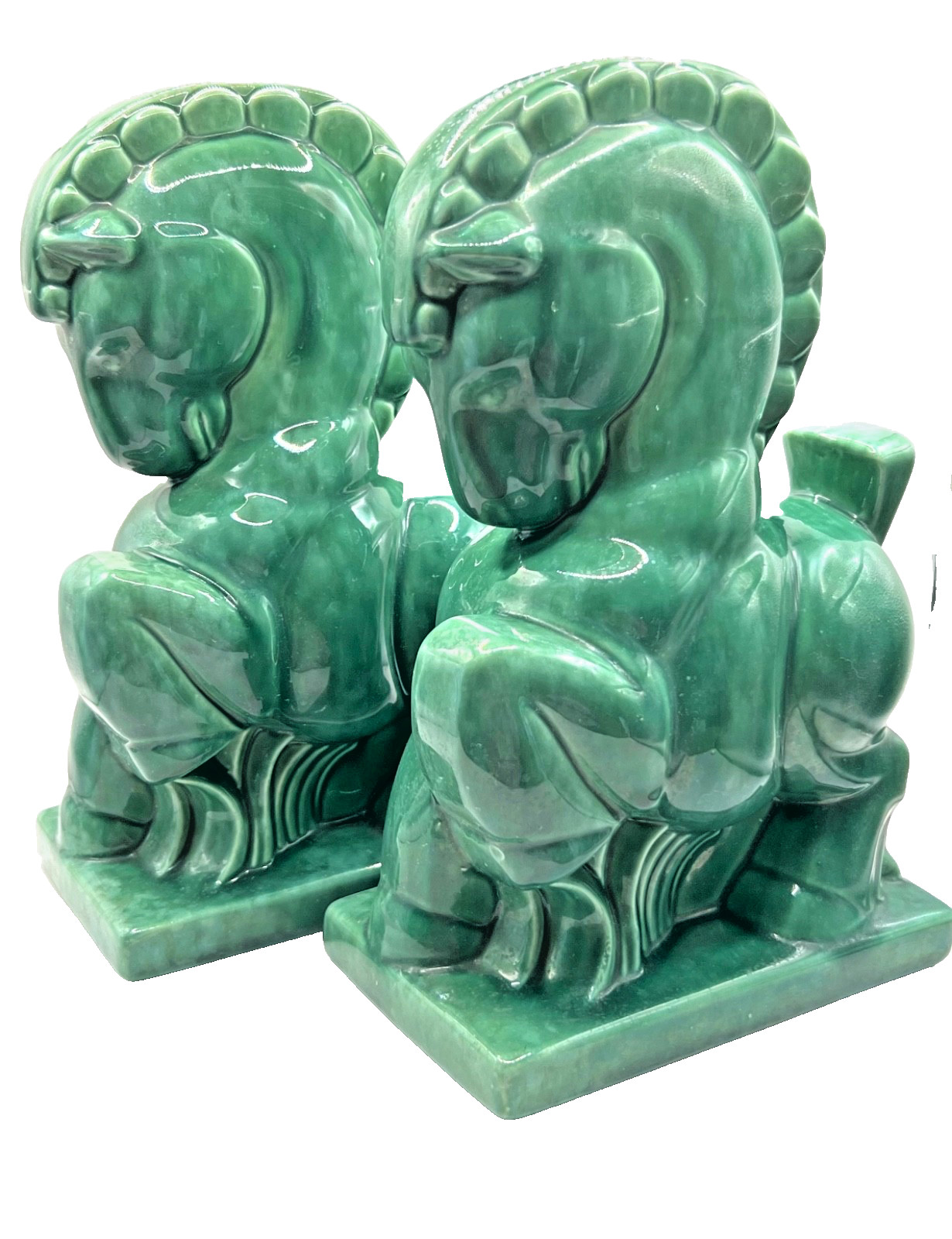 Vintage Gonder Pottery Grecian Horse Bookends Green Glaze Mid Century Mold 211