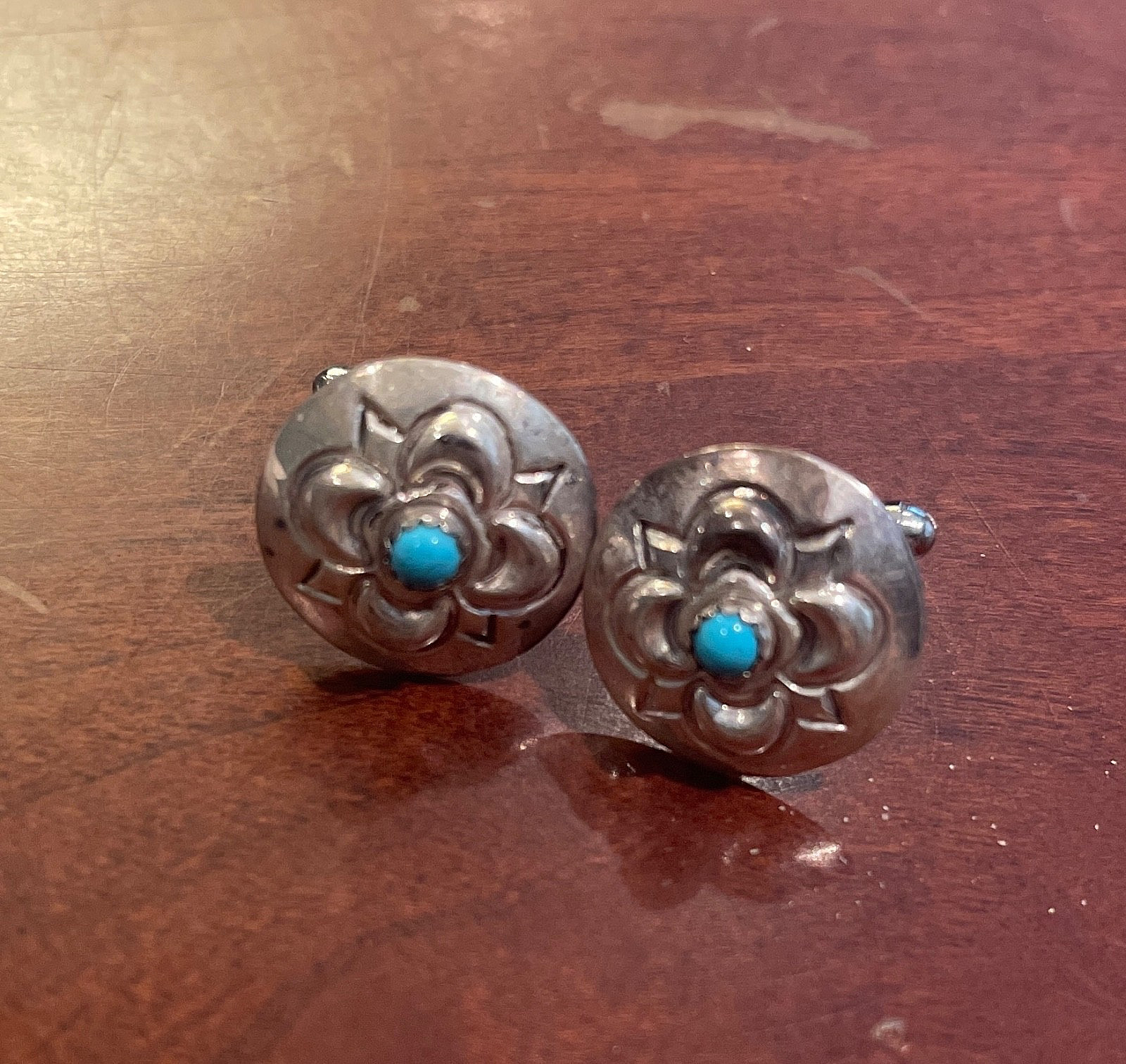 Vintage Sterling Silver & Turquoise Cuff Links Artisan Stamped