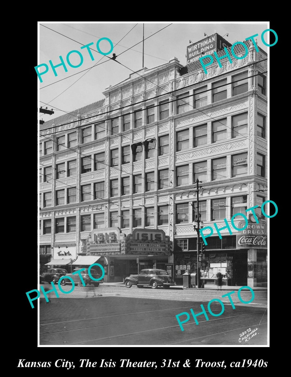 OLD LARGE HISTORIC PHOTO OF KANSAS CITY, ISIS THEATRE Crn TROOST & 31st c1940s