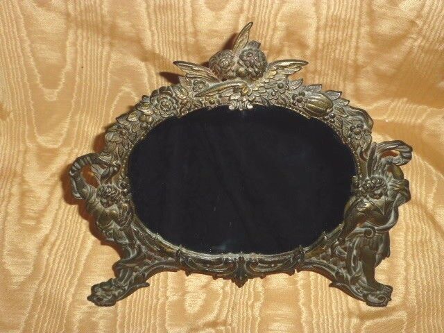 Victorian / Art Nouveau Cast Iron Kissing Cherubs Ornate Tabletop Easel Mirror
