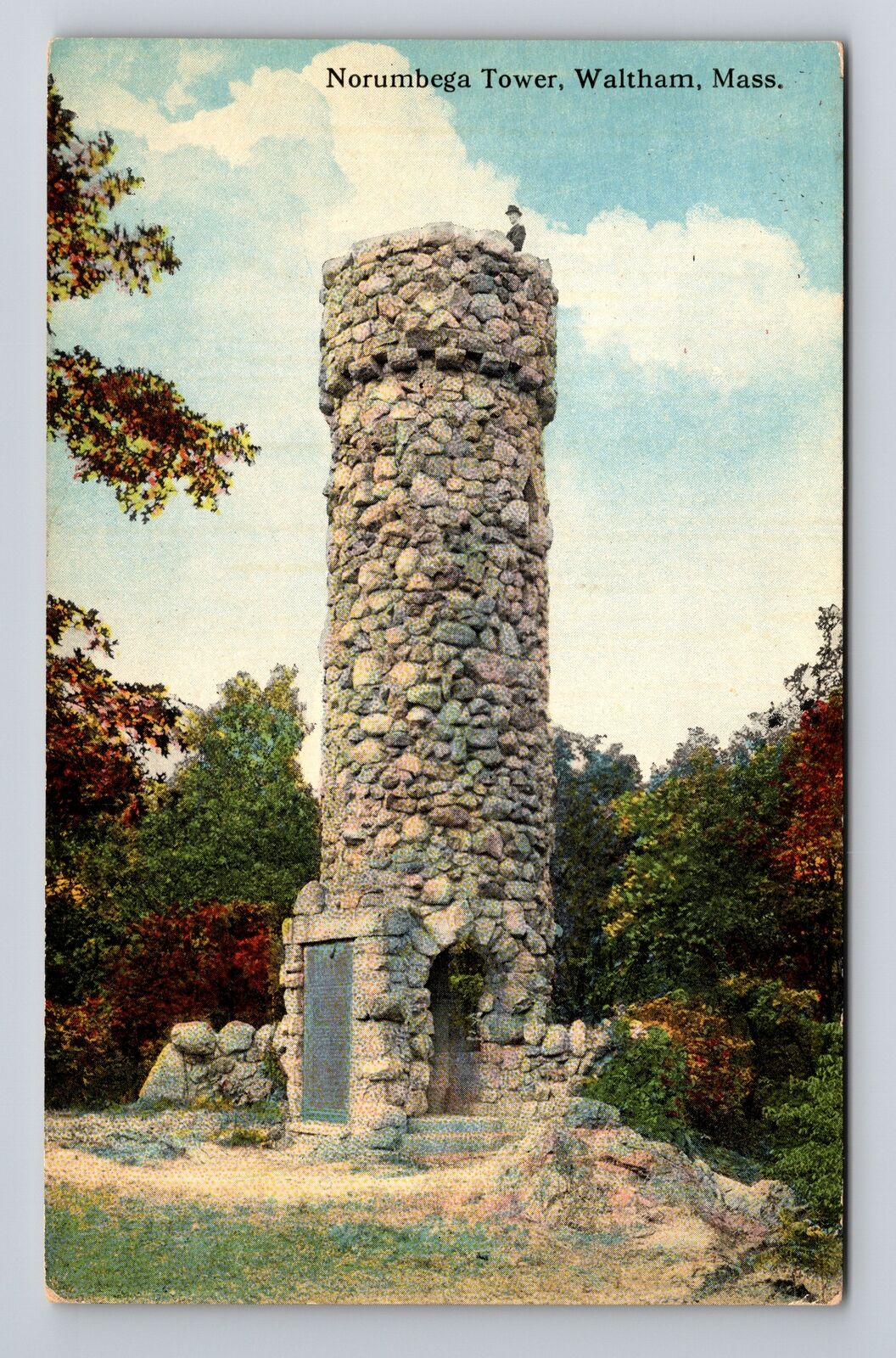 Waltham MA-Massachusetts, Man on top Norumbega Tower, Vintage Postcard