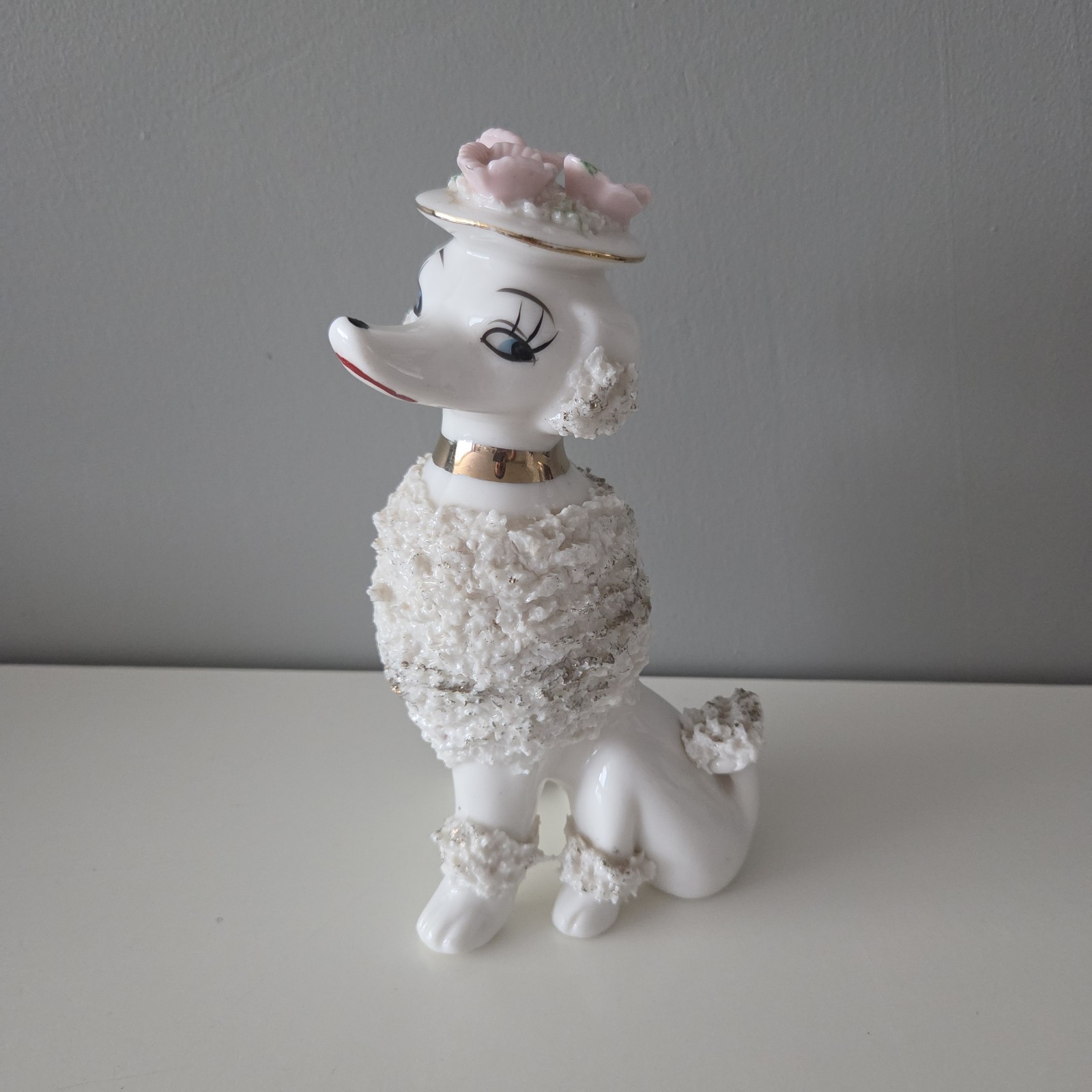 Vintage 1950’s Porcelain White Posh Spaghetti Poodle with Gold Collar Pink Hat