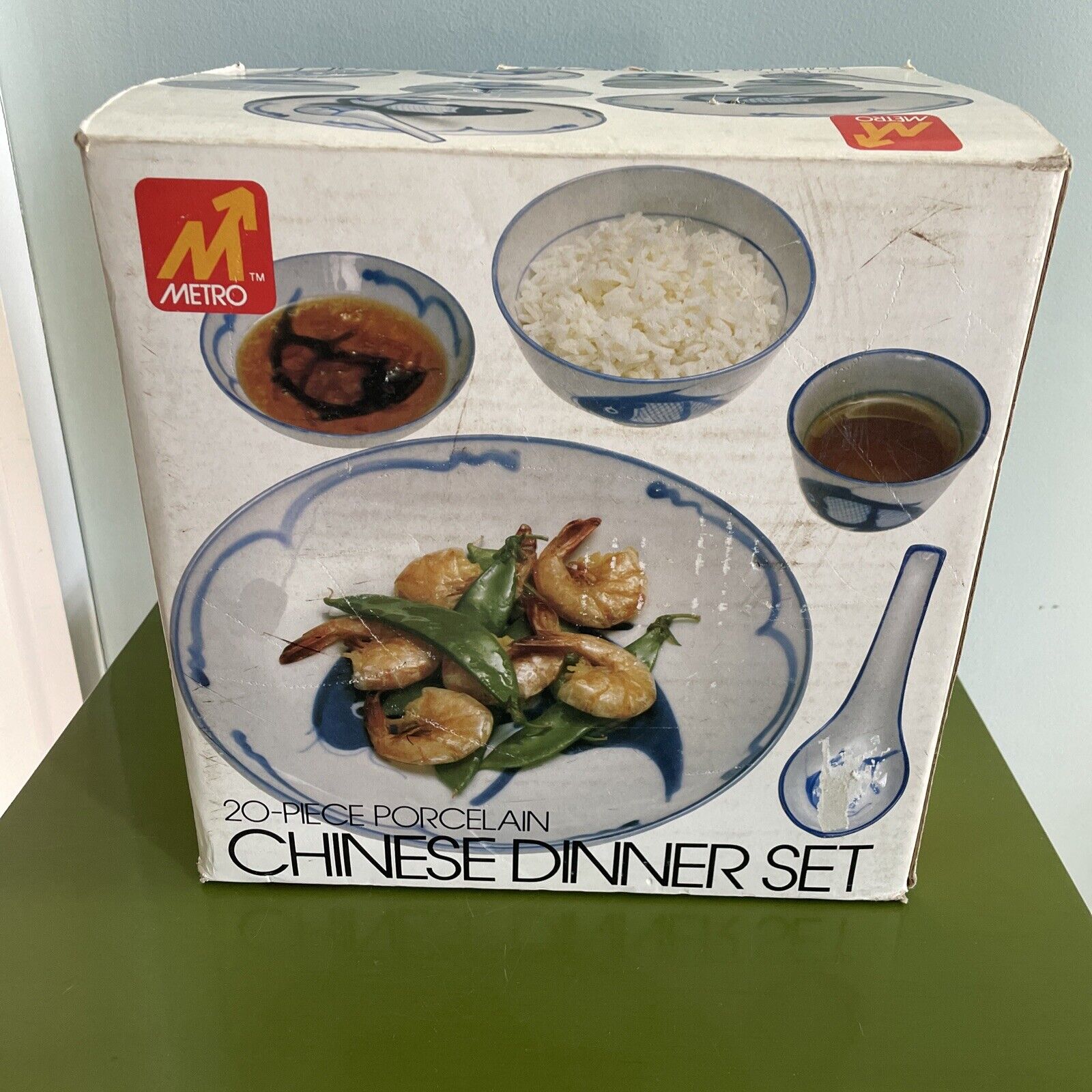 19-pc Vintage Porcelain Blue & White Carp Koi Fish Chinese Dinner Set NOS