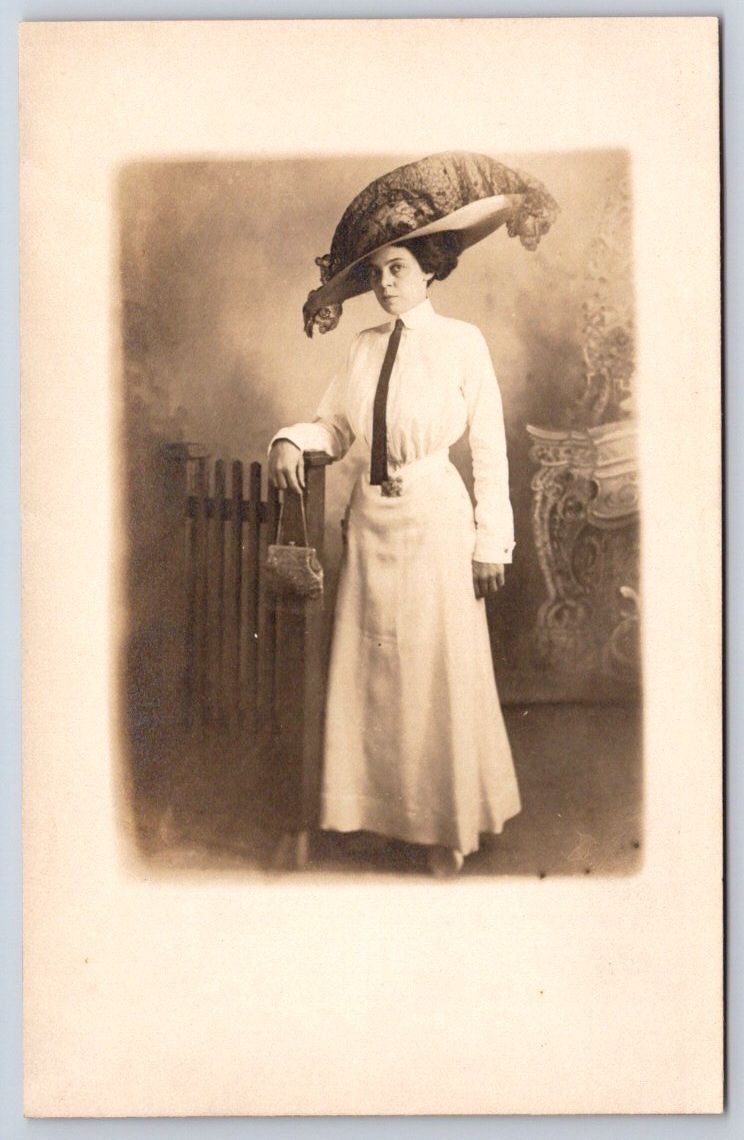 Antique Edwardian Lady Fashion Large Hat Tie Purse RPPC 1910