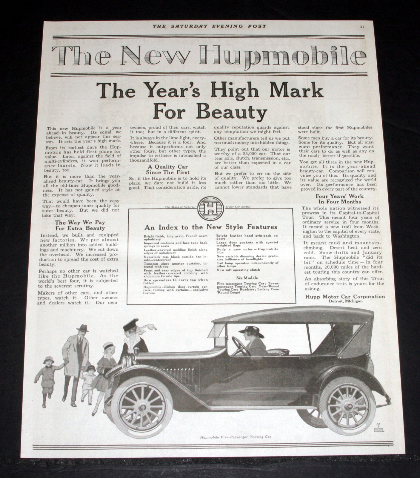1917 OLD MAGAZINE PRINT AD, THE NEW HUPMOBILE, THE YEAR\'S HIGHMARK FOR BEAUTY