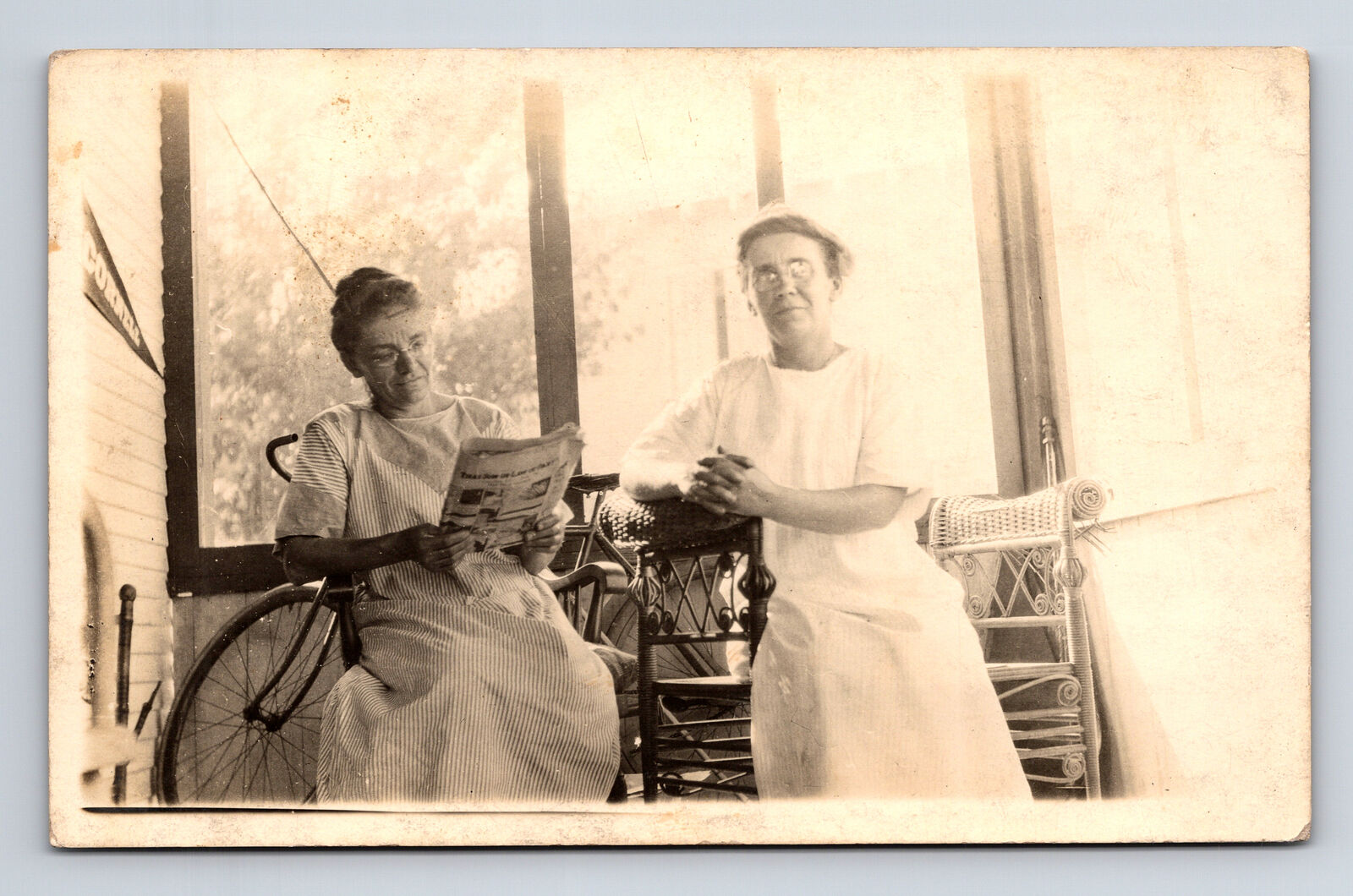 RPPC Women Reading Paper on Porch Bicycle Cornell University Banner Postcard