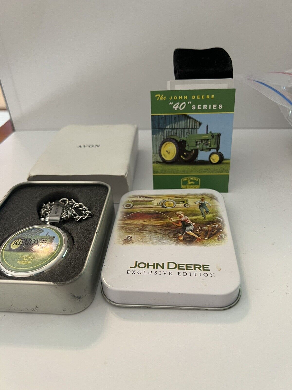 John Deere Tractor 40 Series Pocket Watch Avon Exclusive New Chain & Tin