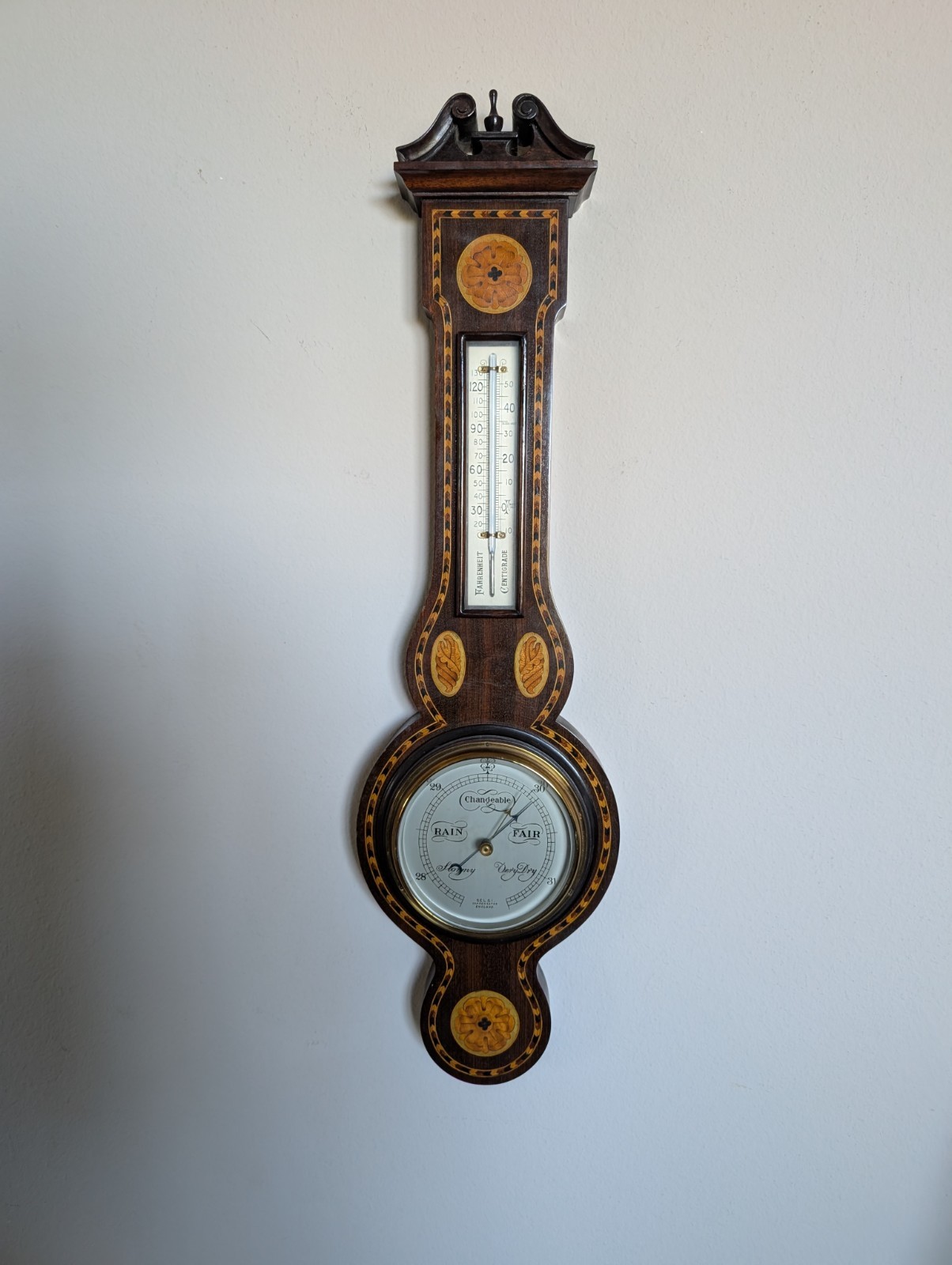 Vintage Edwardian Style Inlaid Mahogany Banjo Barometer